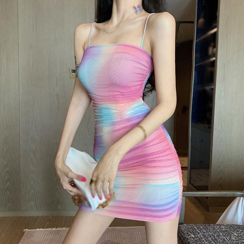 Đầm Hai Dây Màu Cầu Vồng Gợi Cảm Dành Cho Nữ