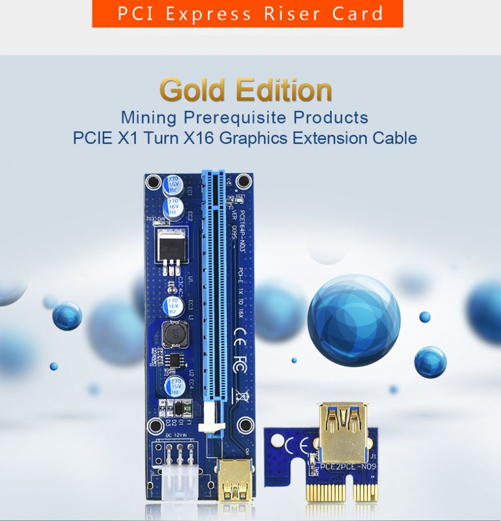 Golden VER009S PCI-E Riser Card 009S PCI Express PCIE 1X to 16X  60CM USB 3.0 Cable 6Pin Power for BTC Miner Mining BEST