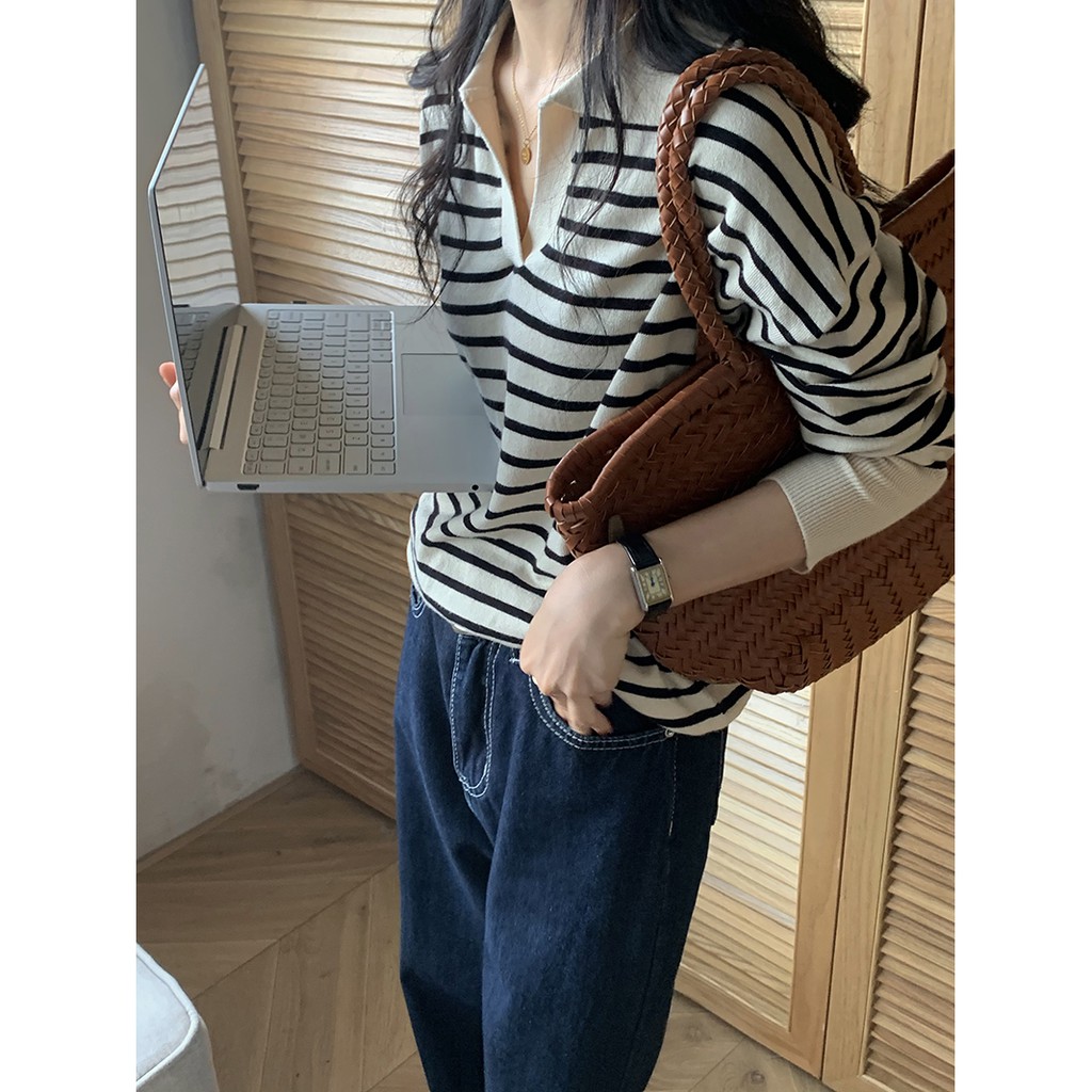 Áo Dệt Kim Tay Dài Cổ Polo Họa Tiết Kẻ Sọc Màu Sắc Thời Trang Cho Nữ