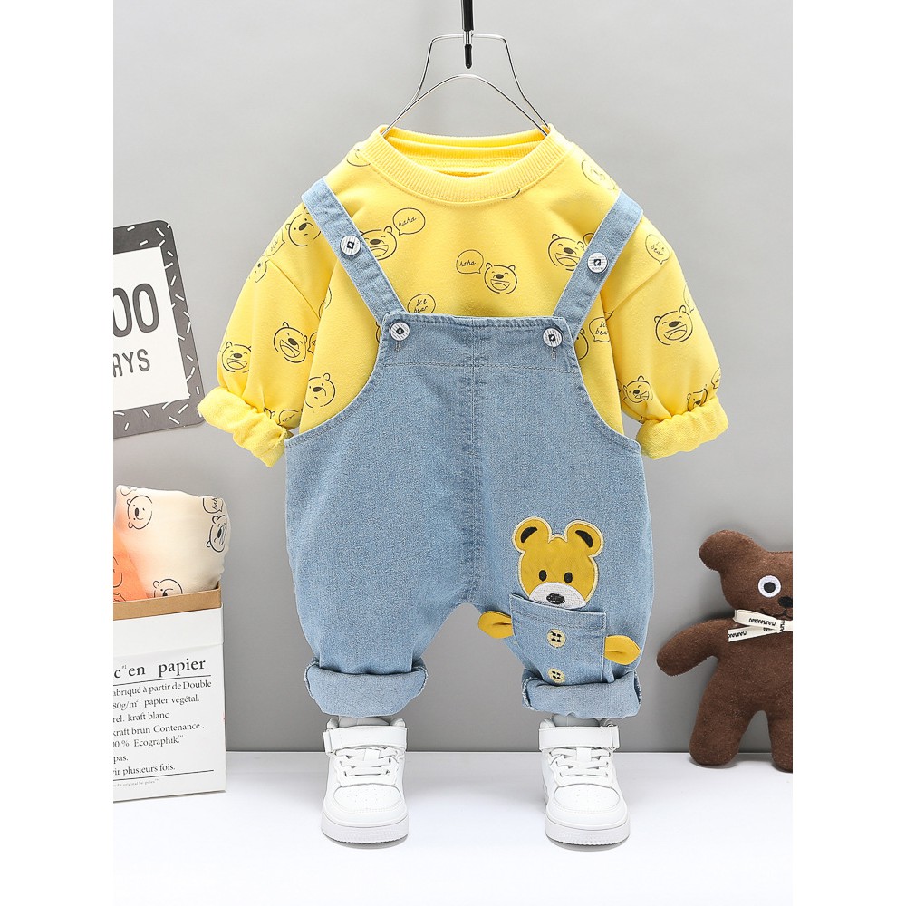 [275:K28] Set yếm jean túi gấu + áo dài tay họa tiết gấu con hàng Quảng Châu cao cấp cho bé