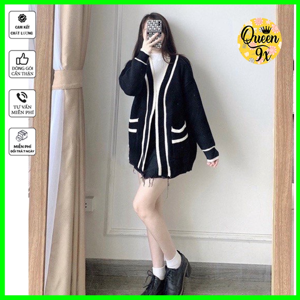 ÁO CARDIGAN, ÁO KHOÁC Nữ Form Rộng Viền Túi Đen Trắng Phong Cách Basic