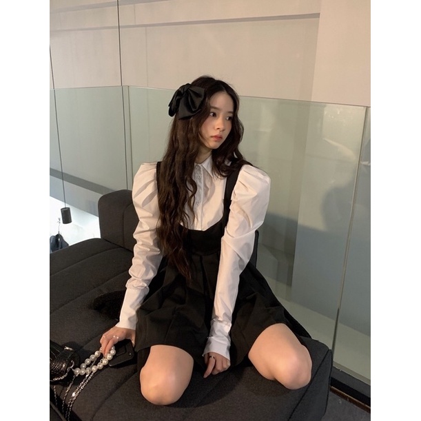 TKLIHN Set váy tiểu thư ULZZANG Áo sơmi tay phồng tiểu thư + váy yếm đen xoè Fashionita 2022