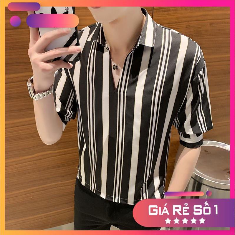 Hàng Chuẩn L1 - Áo sơ mi tay lửng cổ V họa tiết sọc thời trang cho nam