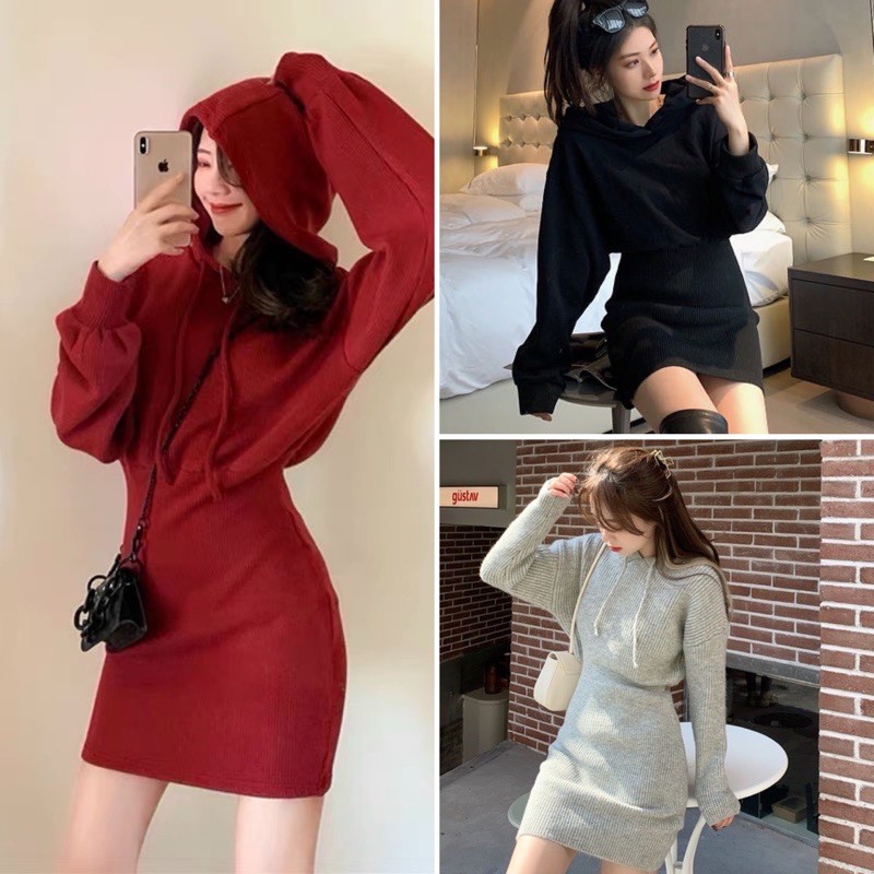 ĐẦM ĐỎ ĐEN XÁM GÂN HOODIE