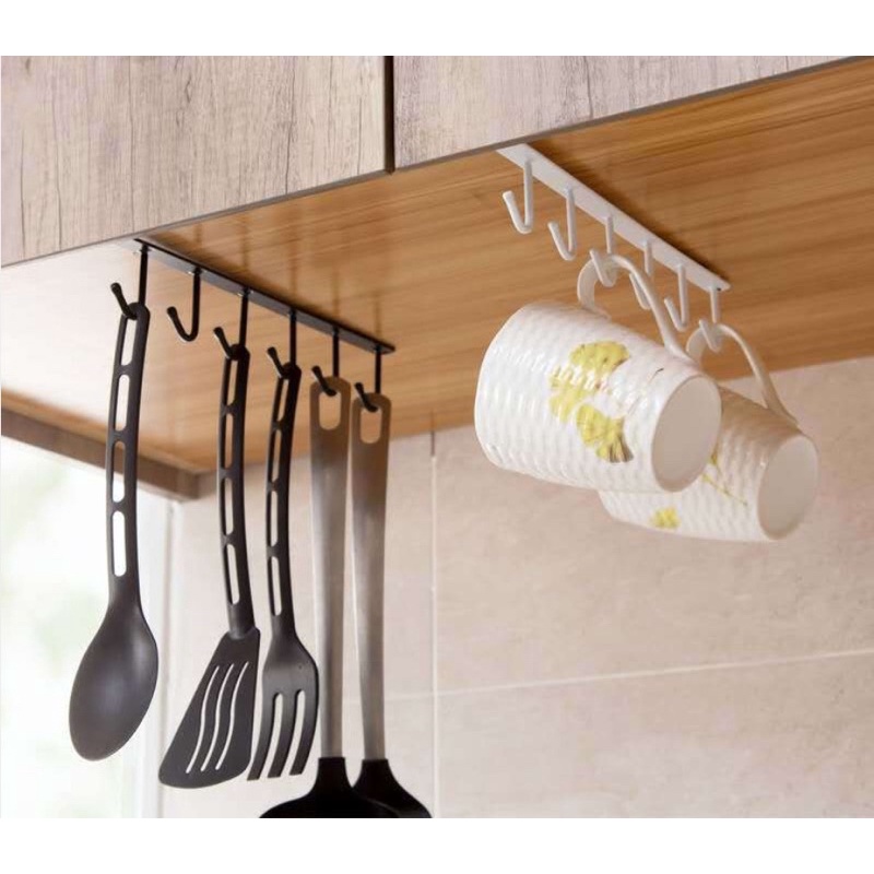 Thanh móc treo đồ gắn tủ bếp, kệ nhà bếp 6 móc bằng sắt tiện lợi - Móc treo ly chén, đồ dùng nhà bếp gắn tủ kệ đa năng