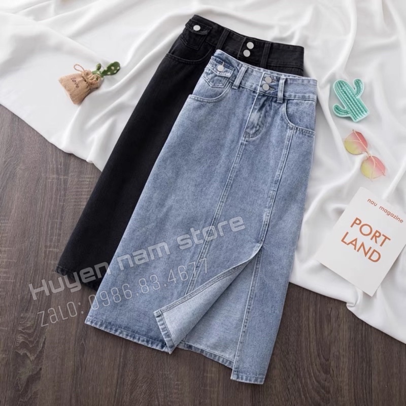 Chân váy bò dài hai khuy xẻ viền