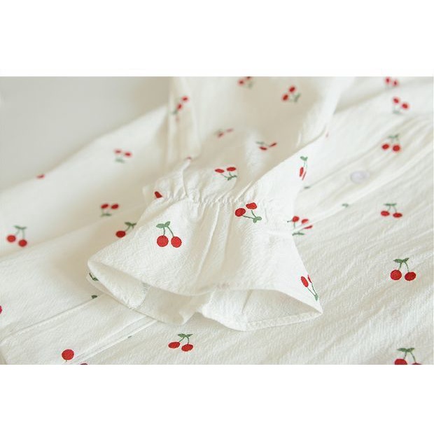 Áo Sơ Mi Tay Dài Cổ Búp Bê Họa Tiết Cherry Phong Cách Nhật Bản Mới