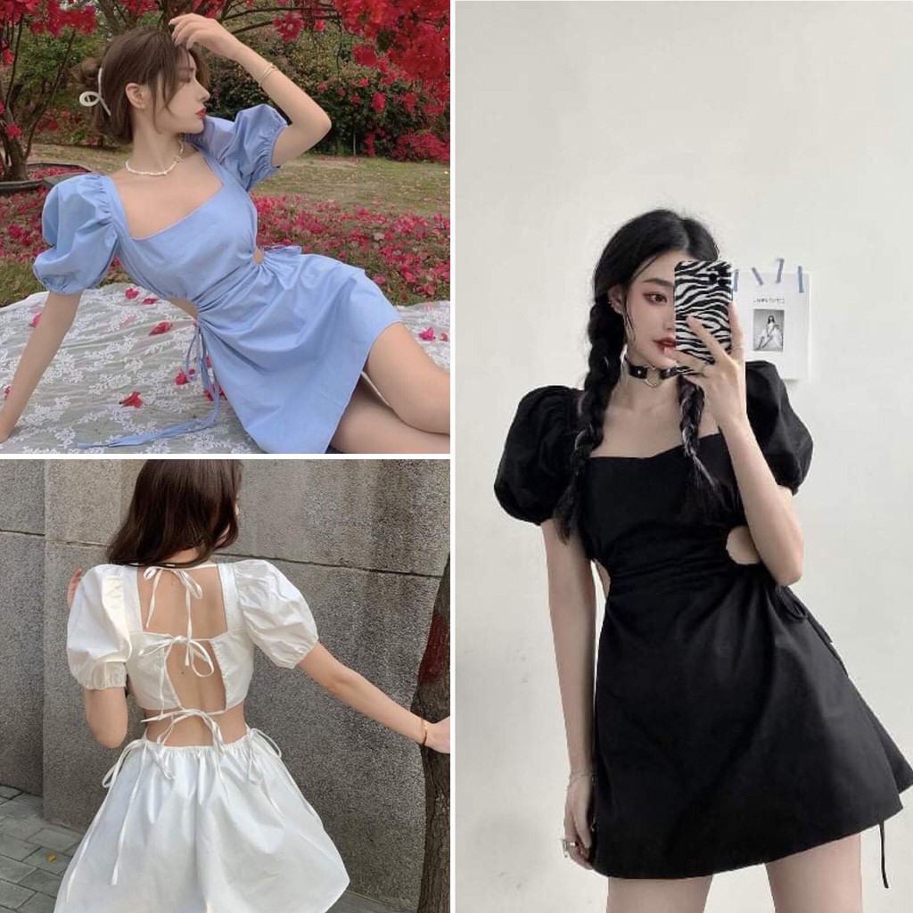 Váy hở lưng buộc dây sexy - Váy đầm nữ tư bồng buộc dây lưng khoét eo sexy tôn dáng freesize chất thô mát 3 màu | BigBuy360 - bigbuy360.vn