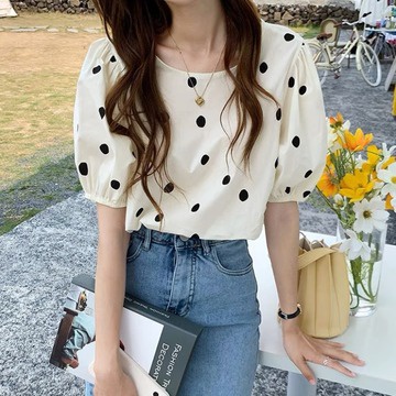 Plus Áo chiffon Cổ Tròn Tay Ngắn Dáng Rộng In Họa Tiết Chấm Bi Phong Cách Hàn Quốc Thời Trang Mùa Hè Cho Nữ