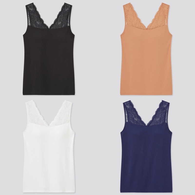 Áo sát nách cổ tim ren dễ thương, trang nhã liền cup ngực bra -feel của UNIQLO
