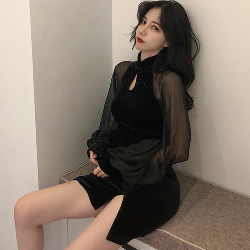 Đầm sườn xám cách tân dài tay xẻ tà màu trơn phong cách retro Hàn Quốc cho nữ