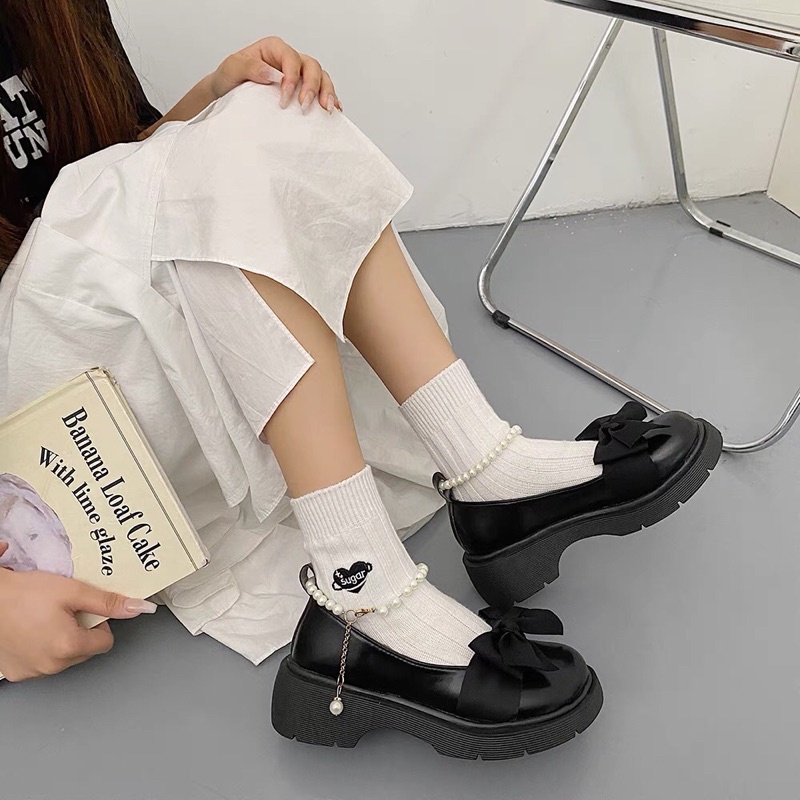 Giày búp bê lolita nữ cao cấp quai ngọc cài độn đế phong cách tiểu thư JAENIA GD007