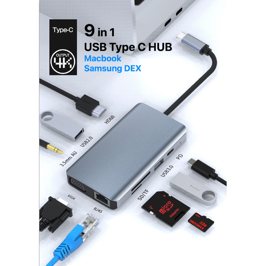 SIÊU HUB USB Type C và DEX - 9 in 1, 8 in 1, 5 in 1- HDMI VGA LAN Đọc thẻ nhớ SD/ Micro SD USB 3.0 PD