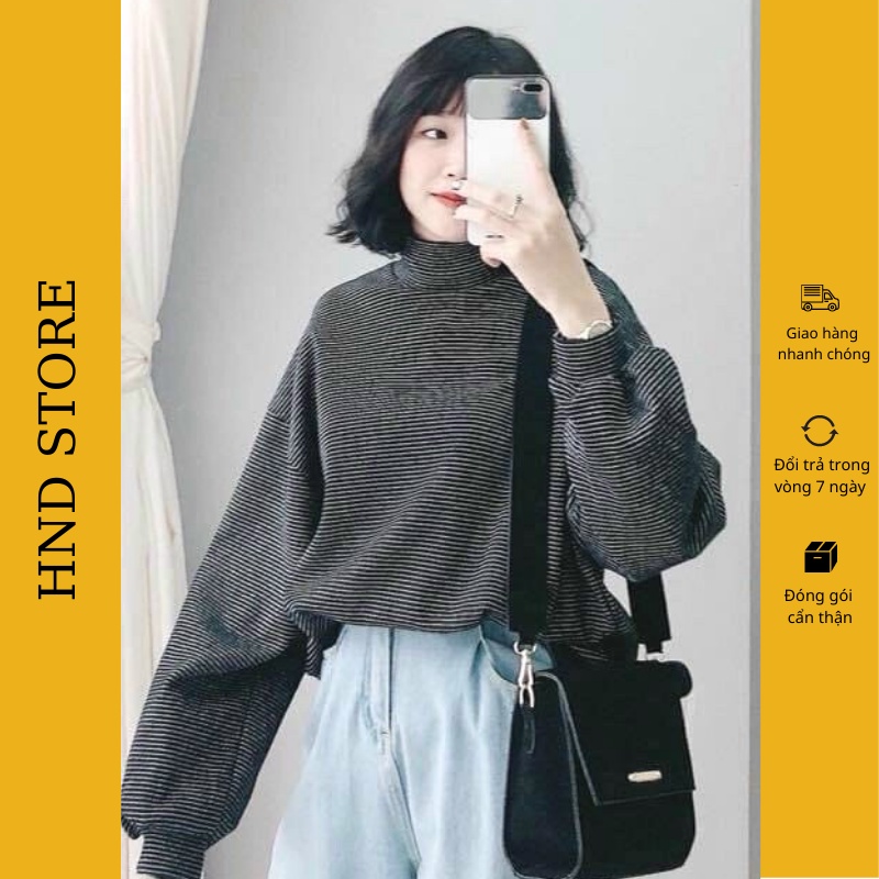 Áo len nữ cổ cao tay dài form rộng dáng dài kẻ ngang Hàn Quốc HNDAL03