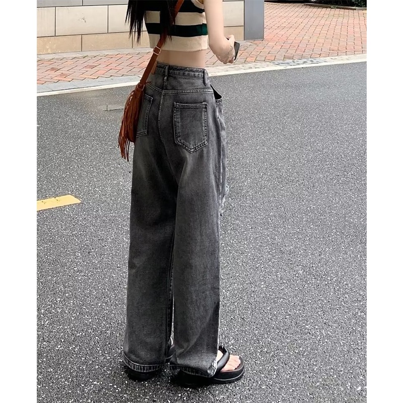 Quần jean ZHELIHANGFEI dài lưng cao dáng rộng thiết kế cắt xẻ thời trang cá tính dành cho nữ