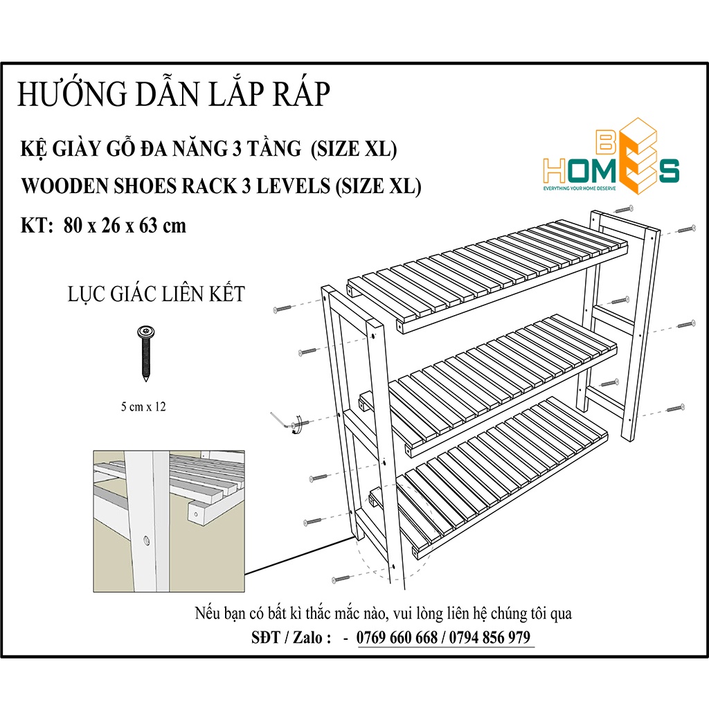 Kệ giày gỗ Behomes 3 tầng 80 cm