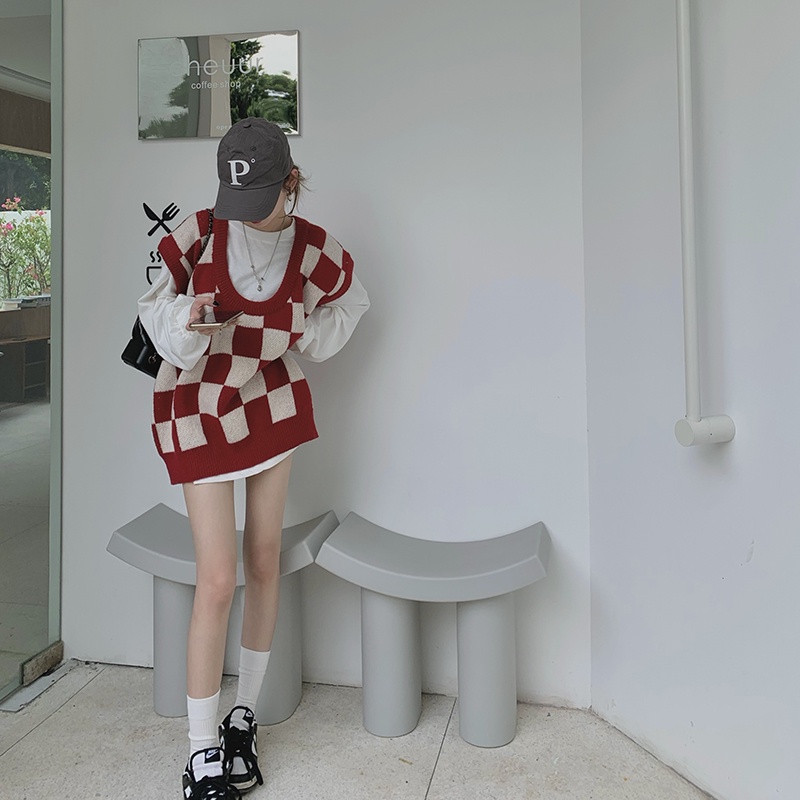 Áo Dệt Kim Sát Nách Cổ Chữ U Dáng Rộng Kẻ Sọc Ca Rô Kiểu Retro | BigBuy360 - bigbuy360.vn