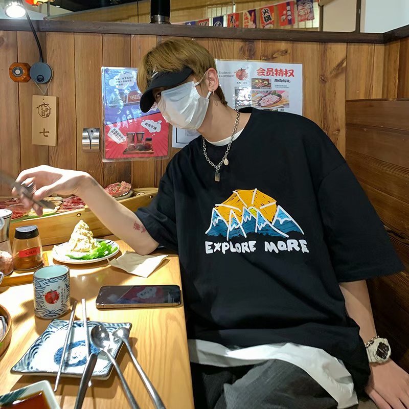 Áo thun tay ngắn cổ tròn dáng rộng in họa tiết hoạt hình phong cách Nhật Bản thời trang cho nam size M-5XL