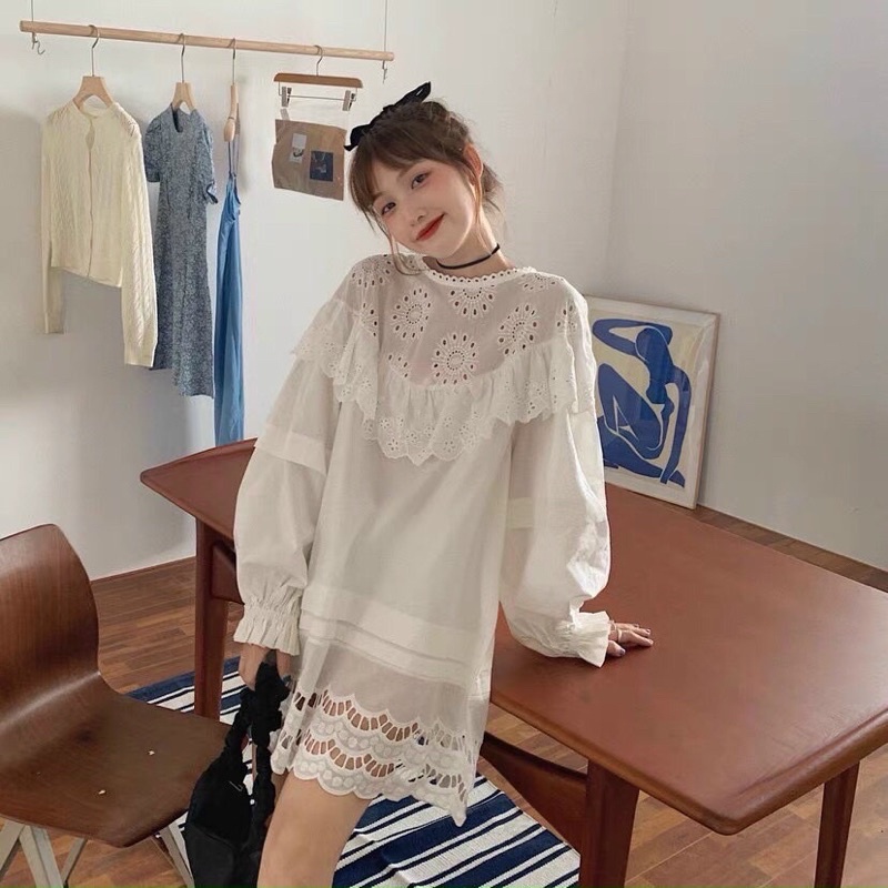 Đầm Quảng Châu xô trắng suông phối ren hoa dáng basic dễ mặc