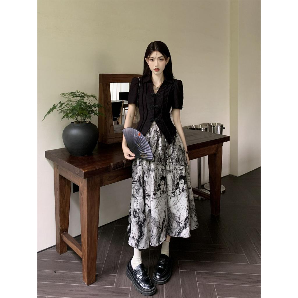 Đầm Sơ Mi Cổ Mép Lật Eo Cao Ngắn Tay Phong Cách Retro 63360