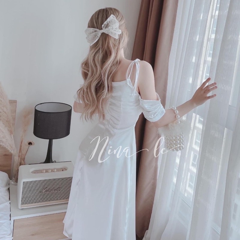 Đầm midi lụa 2d cổ đỗ rớt vai xếp ly ngực MT