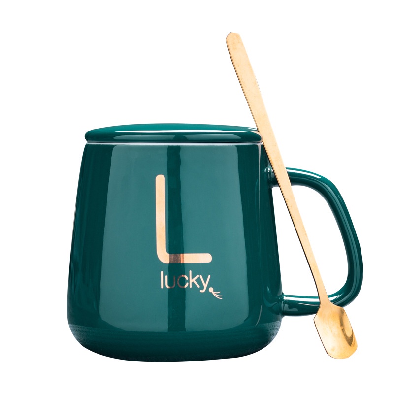 Ly cốc sứ uống trà cafe có nắp Lucky XANH NGỌC kèm đế hâm nóng tự động