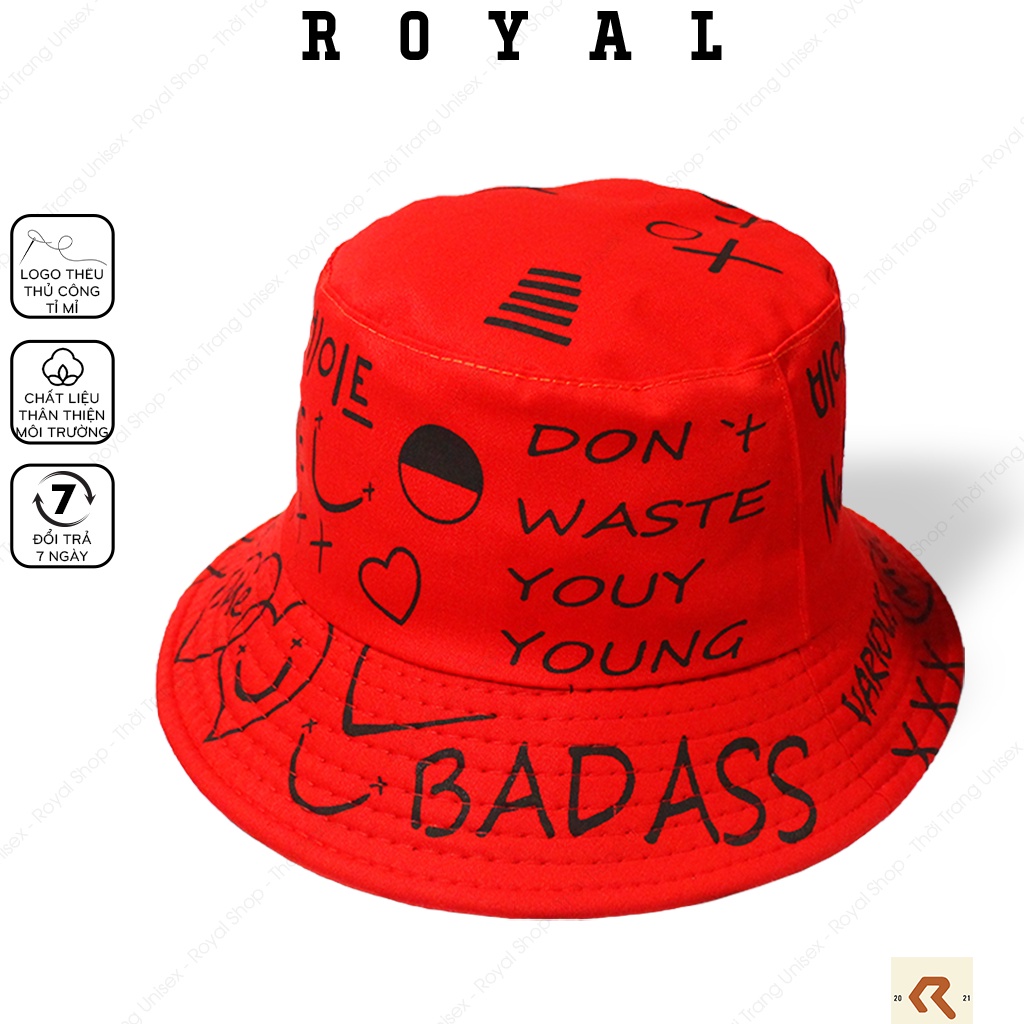 Mũ Bucket Nón Bucket Tai Bèo Nam Nữ Graffiti Xo Badass Don't Waste Young Đen Vải Kaki Unisex - Royal Caps