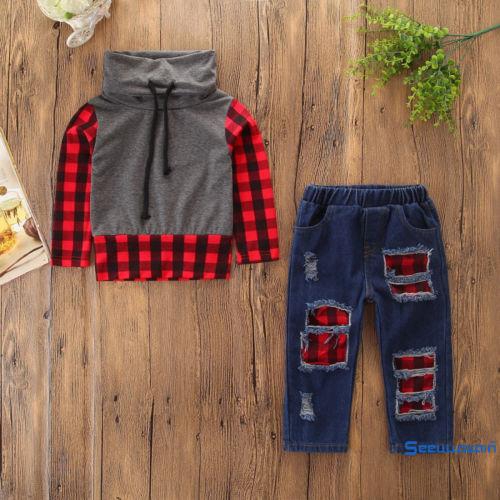 Set Áo Sơ Mi Ca Rô Dài Tay Cổ Bẻ+Quần Jeans Dài Cho Bé Trai