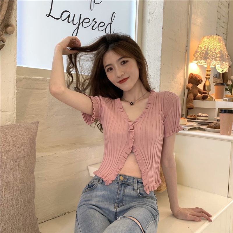 [ Hàng Cao Cấp ] Áo croptop nữ cổ V có cúc viền bèo FUHO Fashion chất len tăm loại 1 phong cách Hàn Quốc 082