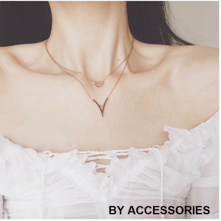 Dây chuyền titan 2 tầng trái tim chữ V đính đá không gỉ WN181101