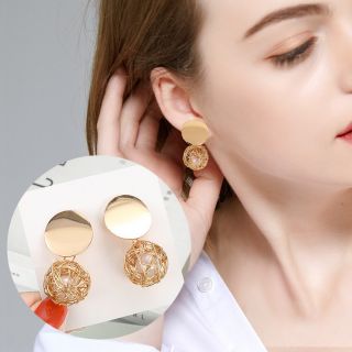 T032 BÔNG TAI QUẢ CẦU LƯỚI VÀNG PHỐI NGỌC NHÂN TẠO ĐỘC ĐÁO