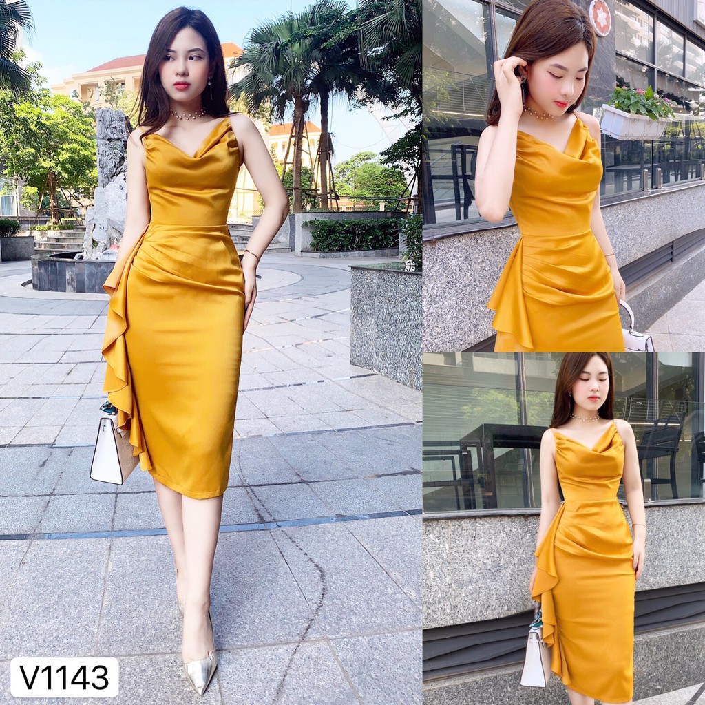 Váy 2 dây vàng bèo eo 1143 - Đẹp Shop DVC (Kèm ảnh thật trải sàn do shop tự chụp)