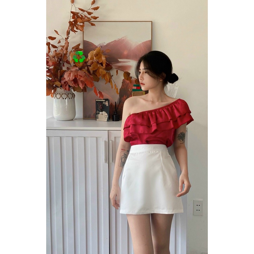 Áo kiểu phi lụa lệch vai bèo tầng cực xinh , chất phi mềm mịn mát