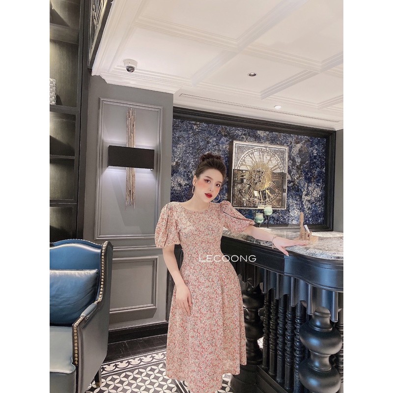 Váy đầm hoa nhí thiết kế thanh lịch đuôi cá kết hợp tay bồng dài qua gối hai màu đỏ/be_LeCoong V92 | BigBuy360 - bigbuy360.vn