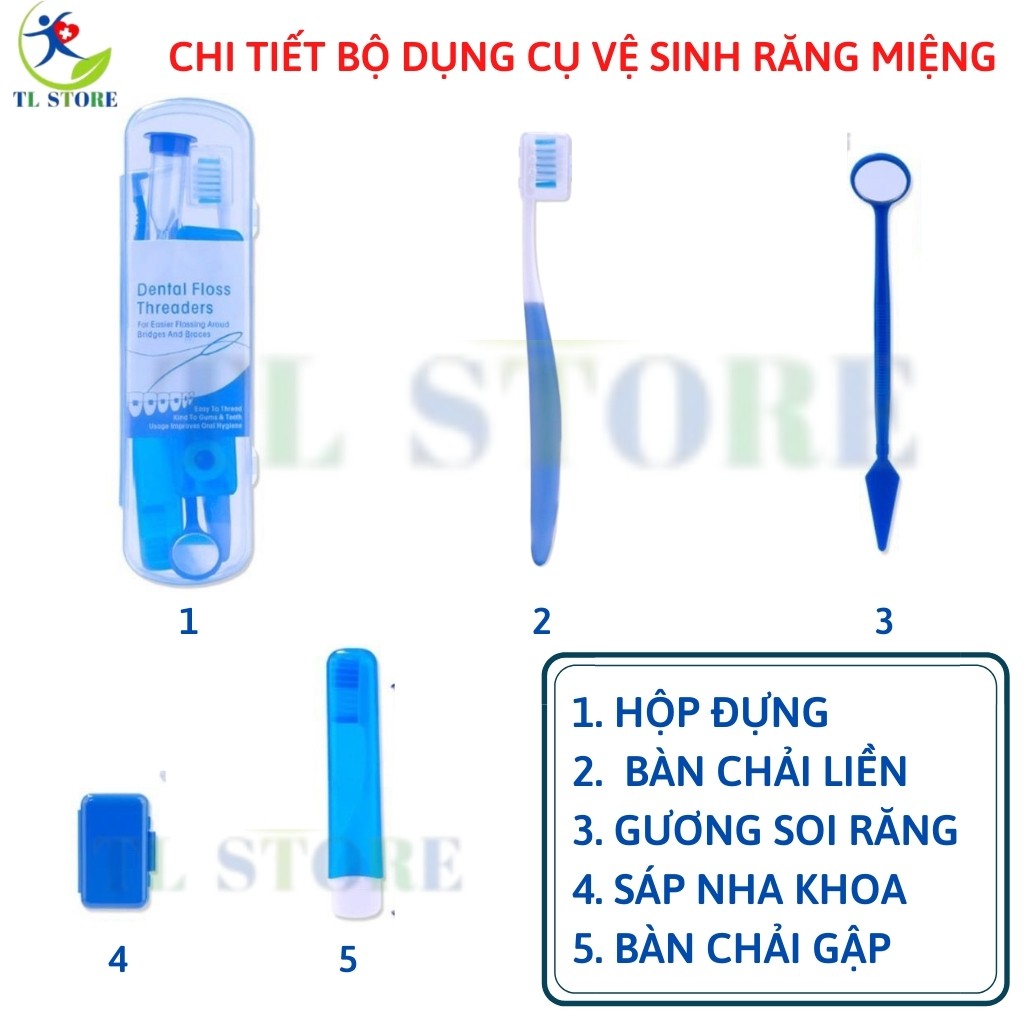 Bộ dụng cụ vệ sinh răng miệng (sáp nha khoa, chỉ nha khoa, bàn chải đánh răng, bàn chải kẽ,…) 8 dụng cụ/hộp