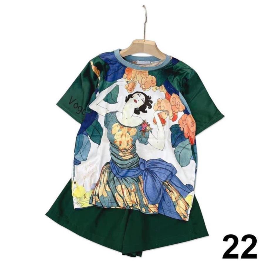 Đồ Bộ Nữ Mặc Nhà CELORA,  Bộ Thể Thao Nữ  Áo Cổ Tròn Tay Lở Chất Lụa Họa Tiết Phối Quần Short Màu Trơn Lưng Thun | BigBuy360 - bigbuy360.vn