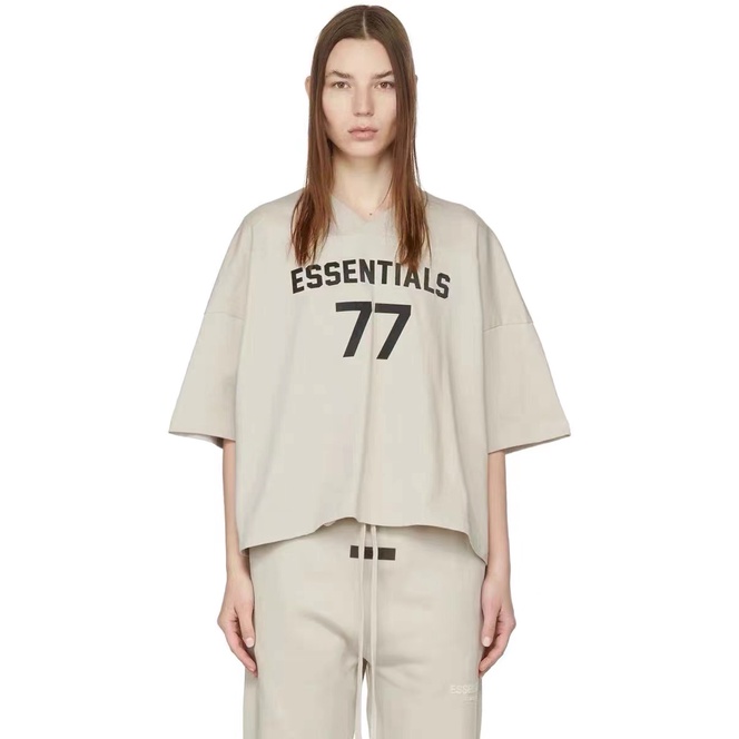 FEAR OF GOD FOG Season 8 Double Line ESSENTIALS 77 Letter V-Neck Short Sleeve Couple T-Shirt