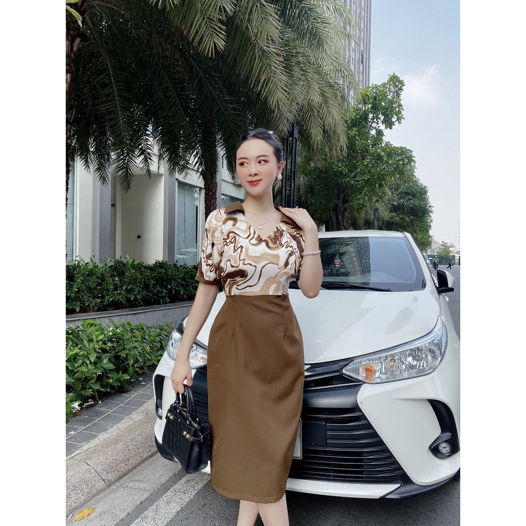 Đầm Công Sở Họa Tiết Sơn Thủy Akara K152 Váy Liền Thân Cổ V Bẻ Cách Điệu Màu Nâu Đồng Bộ Viền Tay Áo Và Chân Váy Phù Hợ