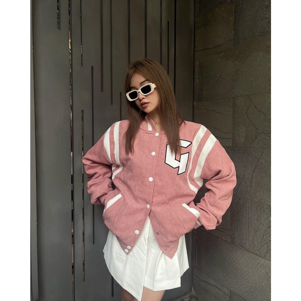 Áo Khoác Bomber Nhung G Phối Tay Unisex Nam Nữ Logo Thêu