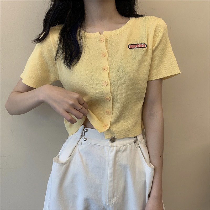 Áo cardigan ZHELIHANGFEI dệt kim ôm dáng tay ngắn phối một hàng nút thời trang