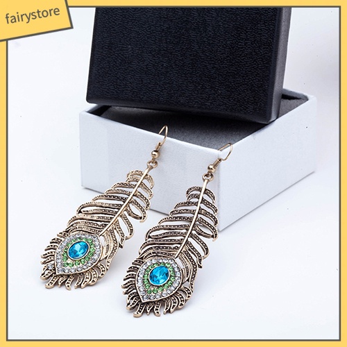 Bông tai hình lông chim công đính đá phong cách cổ điển