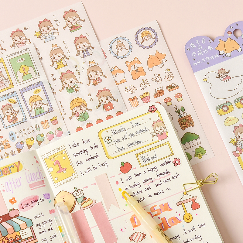4 tờ nhãn dán trang trí tạp chí/ nhật ký với họa tiết hoạt hình đáng yêu (chưa cắt)