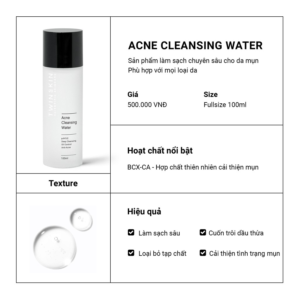 Dung Dịch Làm Sạch Kép Cho Da Mụn - Acne Cleansing Water Twins Skin