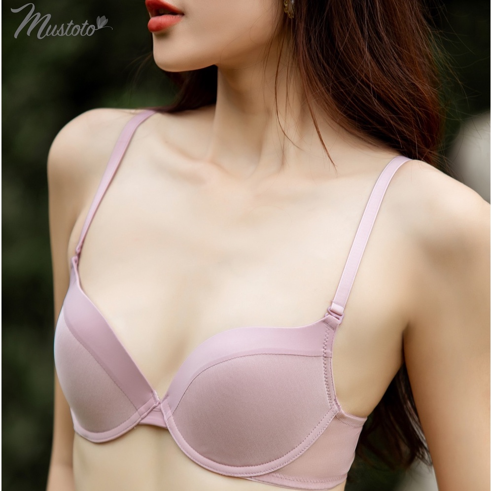 Bộ Đồ Lót Nữ Trơn Phối Lưới Có Gọng Mút Mỏng Thoải Mái Màu Hồng Đất (Mustoto MA43 MQ45)