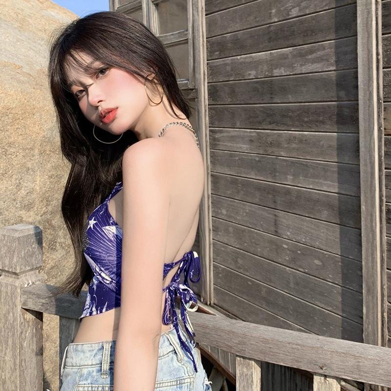 Áo croptop cổ yếm in họa tiết thời trang mùa hè cho nữ