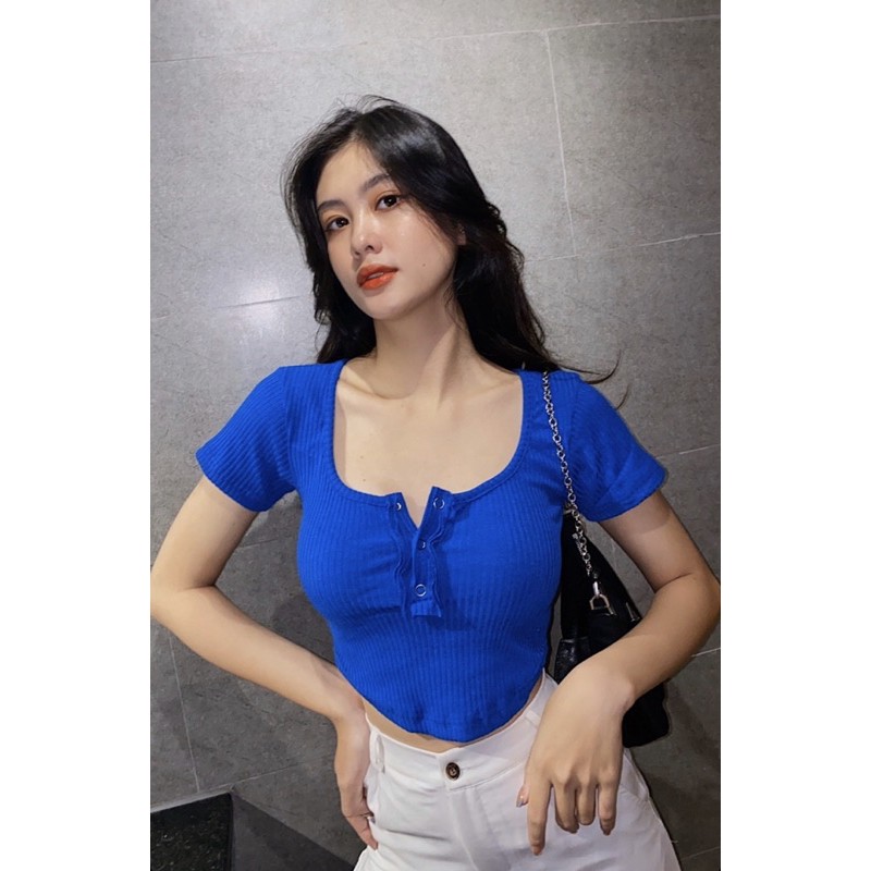 Áo croptop HHVINTAGE kiểu tà bầu, bấm nút