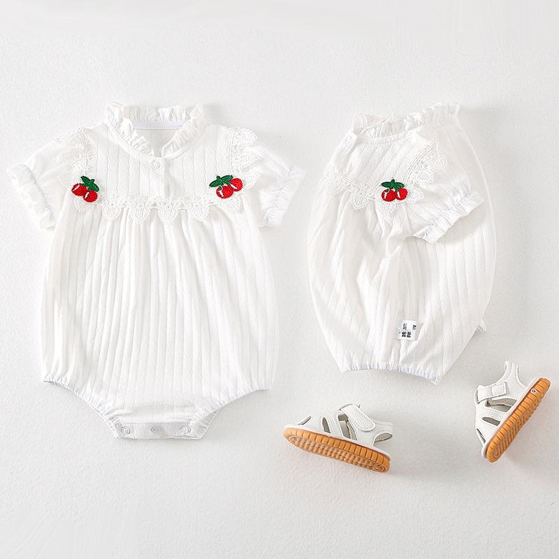 Bộ Áo Liền Quần Tay Ngắn Bằng Cotton Phối Ren Dễ Thương Dành Cho Bé Gái