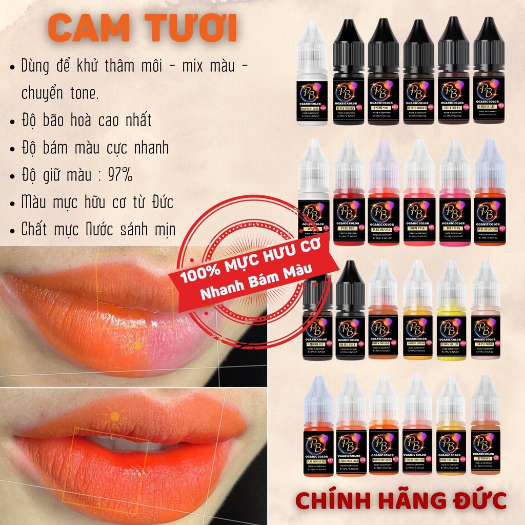 Mực phun xăm Hữu Cơ, CAM TƯƠI và 20 màu Mực Nước phun xăm Thẩm Mỹ