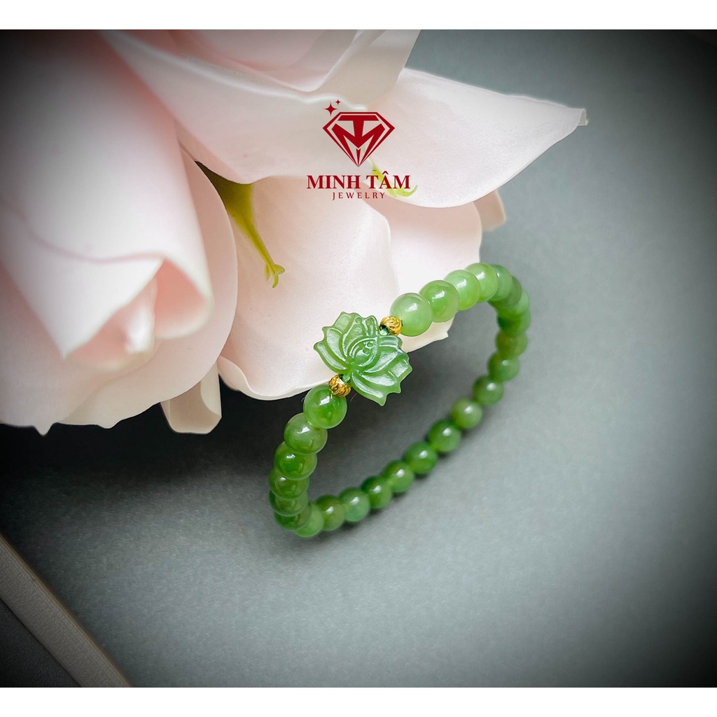 Vòng tay Ngọc Hòa Điền 6 ly mix charm sen, cỏ bốn lá, lu thống ngọc xanh lá bi Au 10k-Minh Tâm Jewelry