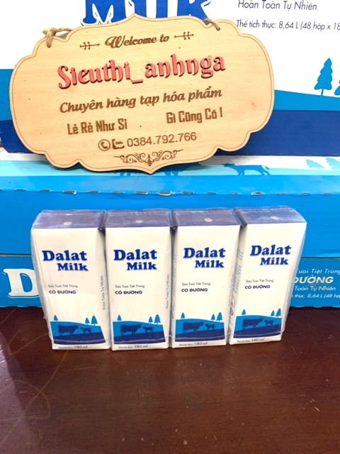 Thùng 48 hộp sữa tươi tiệt trùng ít đường / có đường  Dalat Milk 180ml/ hộp